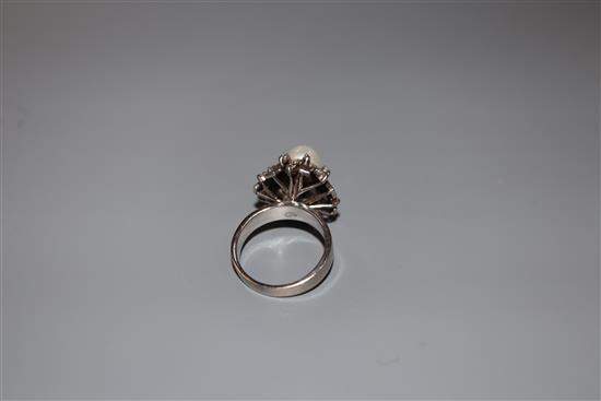 A modern 14k white metal, cultured pearl and diamond cluster dress ring, size L, gross weight 6.9 grams.